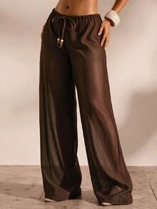 Opulessa Women's Vacation Waist Tie Wide Leg Loose Cover-Up Pants - Khaki - View 7