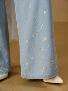 Anewsta Celana Jeans Wanita Musim Semi/Gugur Modern Serbaguna Minimalis dengan Bordir, Model Lebar, Cocok untuk Berpergian, Berbelanja, dan Kencan. - Light Wash - View 2
