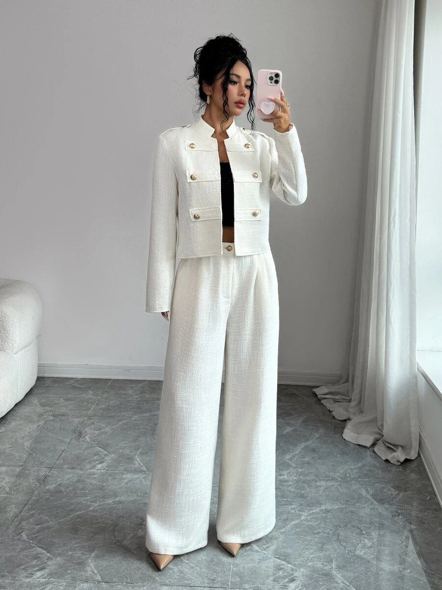 Rafferiza Women's Napoleon Style Coarse Wool Blend Luxury Metal Button Long Sleeve Jacket And Straight Leg Pants 2 Pieces Set, Cream White - Beige - View 1