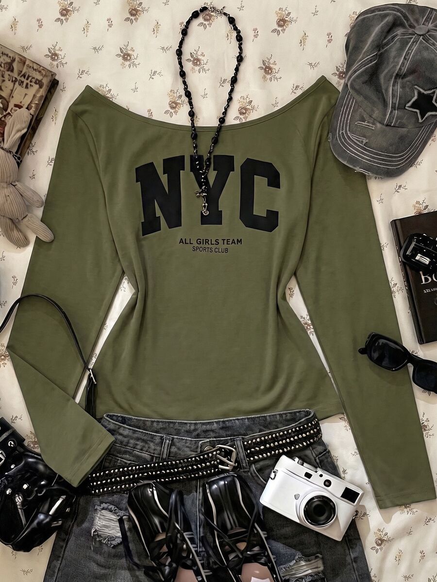 Teen Girls Off-Shoulder Floral English Print Long Sleeve Fitted Top, Casual & Collegiate - Army Green - View 1