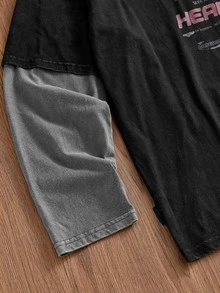 SWAVVY Áo thun nam dệt kim thời trang casual dáng rộng tay dài phối patchwork in chữ tiếng Anh - màu đen - Xem 6