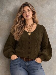 Ceyna Plus Size Vintage Cable Knit Button Long Sleeve Sweater - Green - View 6