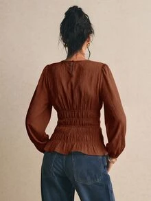 Poéselle 女款米色圓領泡泡袖鬆緊腰收腰荷葉邊上衣，優雅長袖風格，紋理百褶，夏季女性茶會上衣 - 鏽棕色 - 查看 2