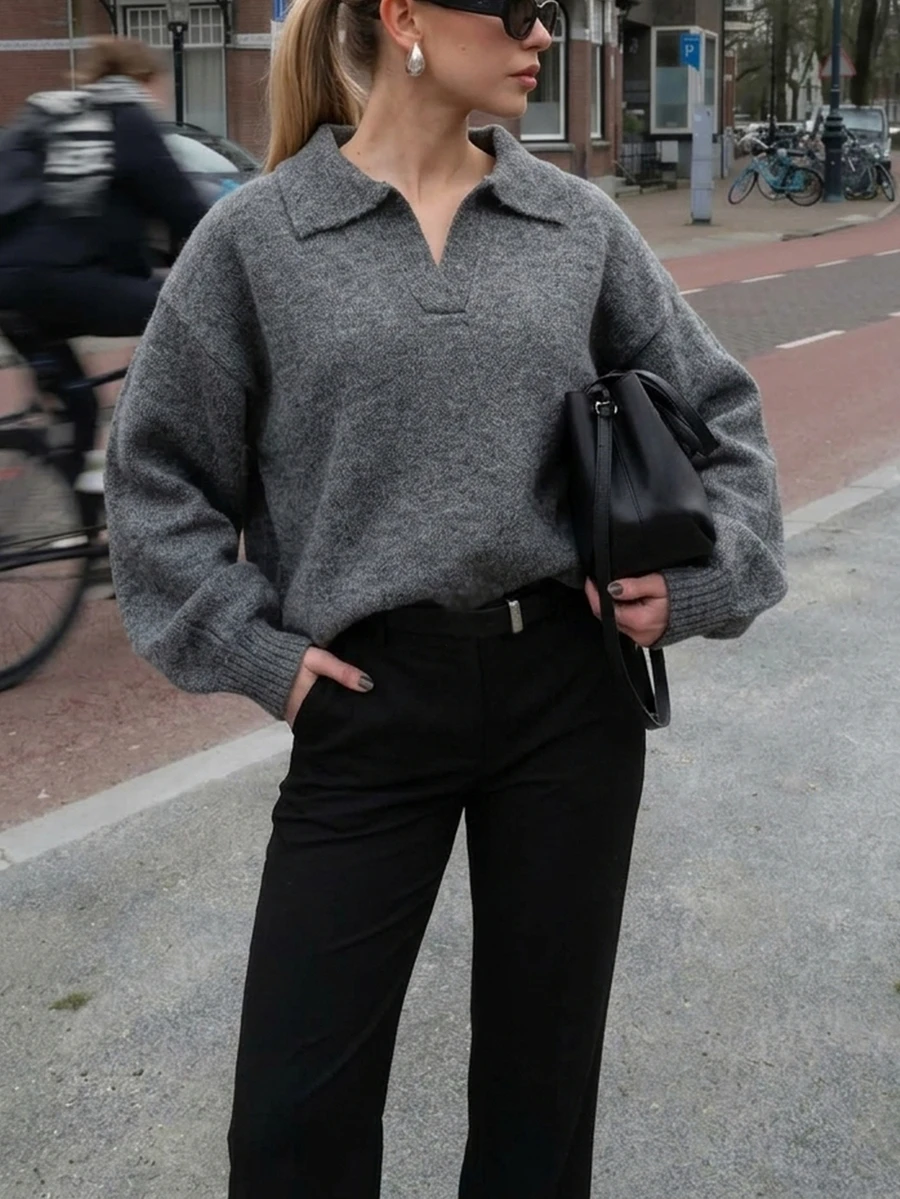 SHEIN Soft & Cozy Slouchy Loose Fit Polo Collar Knit Sweater Grey