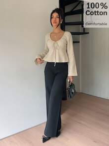 Siren Gaze 100%純棉抓皺喇叭袖女款襯衫，休閒極簡浪漫復古優雅性感，女式正式工作襯衫，女款秋季服飾，秋季穿搭，女式通勤穿搭，基礎上衣，外出穿搭，機場穿搭 - 白色 - 查看 5