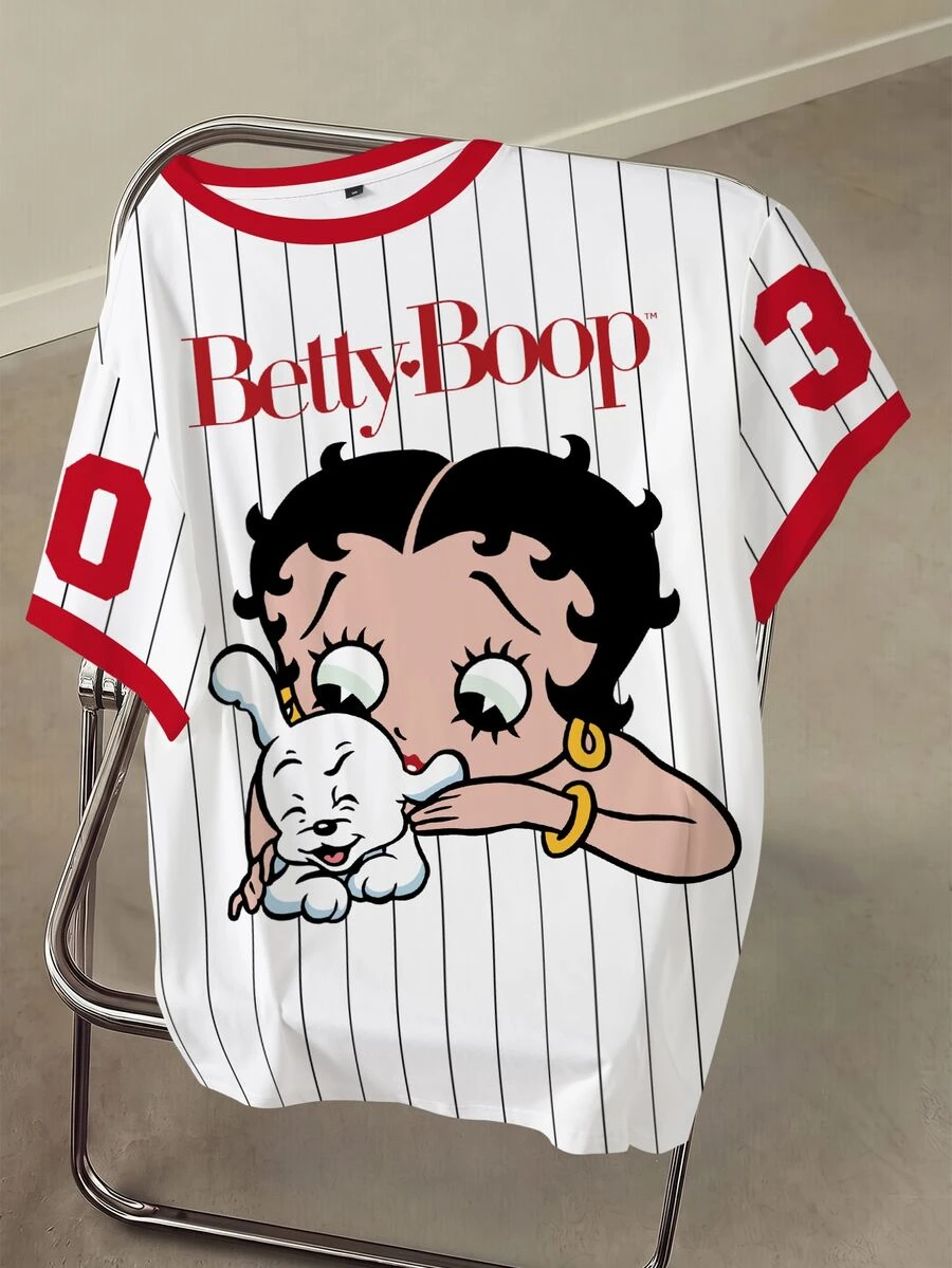 Betty Boop x SHEIN Plus Size Women's Letter Stripe Round Neck Short Sleeve Casual T-Shirt - White - View 1