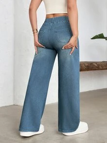 SHEIN Essnce Plus Size Women's All Season Stretch Casual Simple Knit Denim Jeans Vacation Light Blue Summer Dates Brunch - Light Wash - View 2