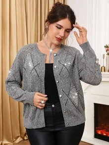 Miaspire Women's Plus Size Single-Breasted Casual Everyday Cardigan Winter Sparkly Top Party Top Elegant Gray Cardigan Sweater - Dark Grey - View 7