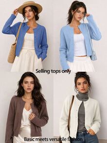 SHEIN BASICS 女款純色單排扣休閒百搭長袖開襟衫，適合日常外出、商務辦公、早午餐，米白色，秋季教師節 - 霧霾藍 - 查看 9