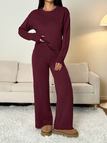 SHEIN PETITE 女款純色圓領長袖毛衣與長褲休閒套裝，標準版型，秋冬小個子居家室內度假咖啡棕 - 中紫紅色 - 查看 6