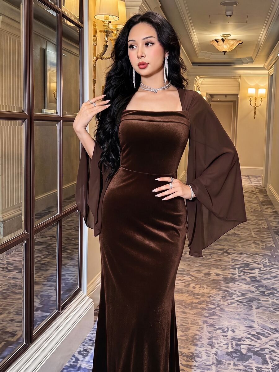 Feyla 女款純色方領開衩袖優雅長洋裝 - 咖啡棕 - 查看 1