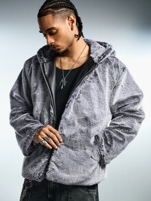 ROMWE MEN Jaket Pria Lengan Panjang dengan Resleting, Kasual, dan Berkerudung Bulu - Putih - View 1