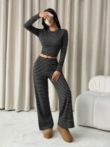 SHEIN PETITE 女款條紋長袖上衣與長褲休閒日常兩件套 - 黑色 - 查看 6