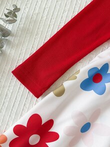 SHEIN 少女拼接花卉印花蝴蝶結裝飾長袖可愛洋裝 - 紅色 - 查看 5