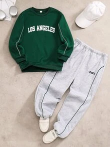 SHEIN 2件組青少年男孩返校套裝，深綠色圓領字母印花刷毛衛衣 + 混色灰長褲，秋季街頭校園風，柔軟面料休閒中性服飾，適合日常、上學、運動等場合，刷毛衛衣套裝 - 墨綠色 - 查看 7