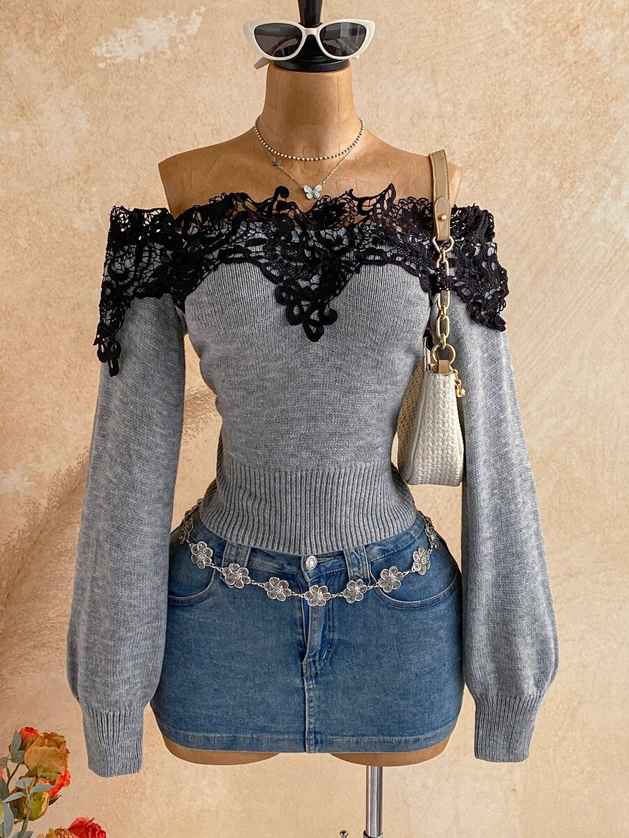 Soleia Women's Plus Size Off-Shoulder Lace Trim Long Sleeve Sweater - Grey - View 1