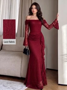 Modelyn Women's Elegant Burgundy Lace Cold Shoulder Ruffle Sleeve Dress, Slim Fit Bodycon Mermaid Dress, Ruched Waist, Side Ruffle Trim, Suitable For Wedding Guest, Party, Evening Event, Concert - Burgundy - View 2