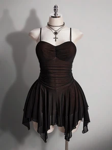 SHEIN ICON 大尺碼女款復古 2000s 70s 90s 哥德風黑色夏季夜生活派對夜店洋裝，Y2K 透視網紗細肩帶修身不對稱下擺抓皺胸前設計 - 棕色 - 查看 3