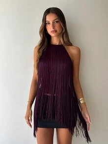 Aloruh Women's Purple Party Halter Neck Tank Top With Tassels, Autumn/Winter - Army Green - View 4