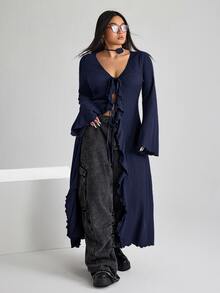 SHEIN ICON ICON 大尺碼女款 V 領前綁帶喇叭袖針織上衣 秋季 - 藏蓝色 - 查看 1
