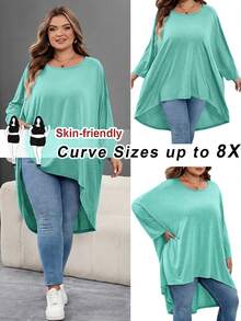 SHEIN CURVE+ 大尺碼寬鬆蝙蝠袖不對稱下擺女款圓領純色彈性舒適休閒夏季上衣，適合秋冬 - 薄荷綠 - 查看 1