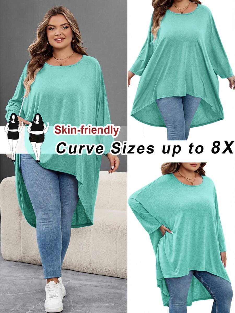 SHEIN CURVE+ 大尺碼寬鬆蝙蝠袖不對稱下擺女款圓領純色彈性舒適休閒夏季上衣,適合秋冬 - 薄荷綠 - 查看 1