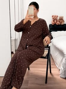Napfluff CURVE Napfluff CURVE Plus Size Women's Knit Ribbed Fabric Heart Print Casual Minimalist Fashion Open Front V-Neck Long Sleeve Long Pants All-Season Wearable Lounge Set - Brown - View 1