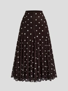 Sweetra Plus Size Women's Casual Elegant Commute Polka Dot Chiffon Skirt - Brown - View 1