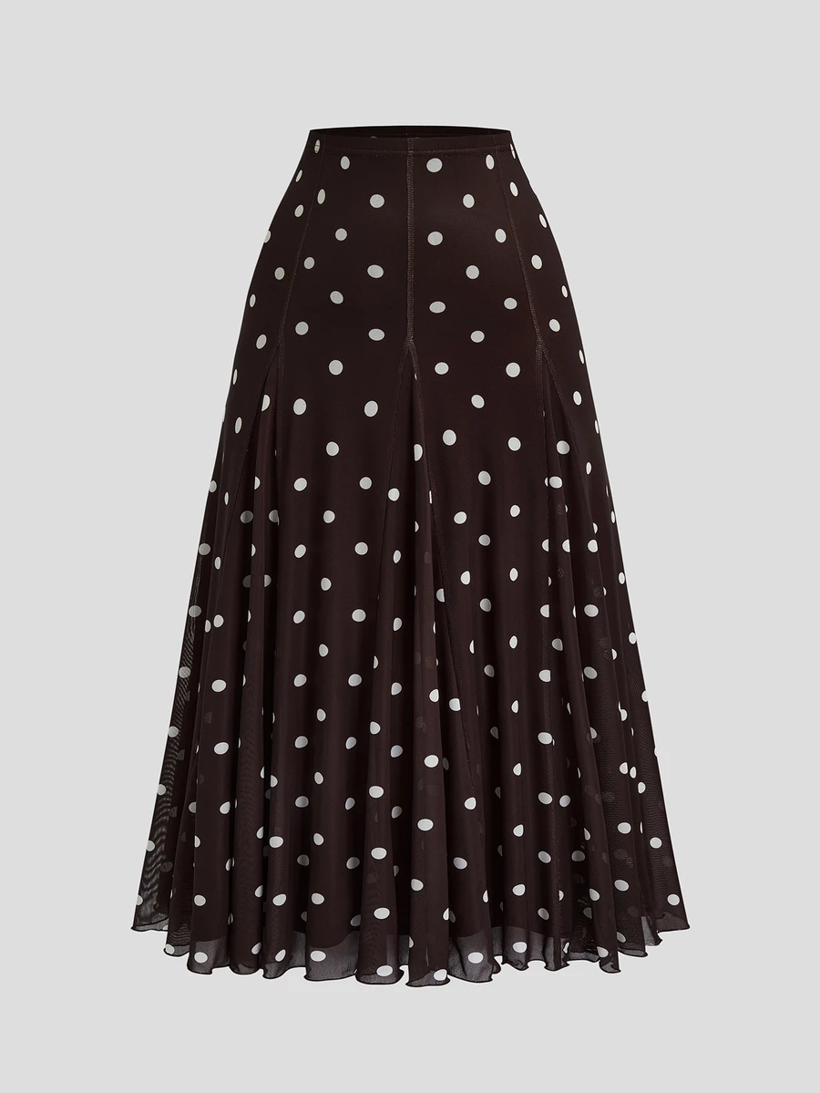 Sweetra Plus Size Women's Casual Elegant Commute Polka Dot Chiffon Skirt - Brown - View 1