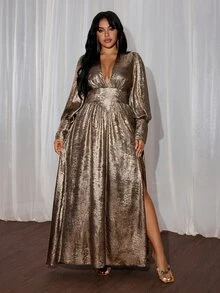 Rustia Plus-Size Metallic, Glossy-Finish Party Gown With A Side Slit – An Elegant, Long, V-Neck Dress For Autumn And Winter. - Gold - View 1