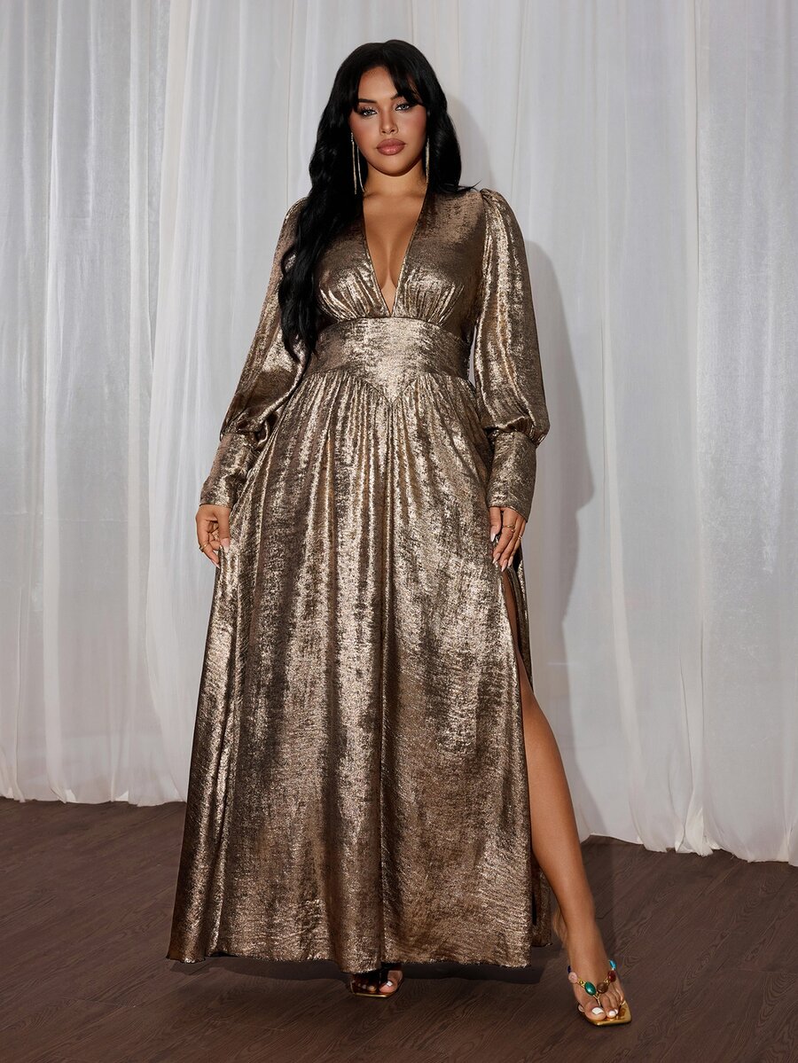 Rustia Plus-Size Metallic, Glossy-Finish Party Gown With A Side Slit – An Elegant, Long, V-Neck Dress For Autumn And Winter. - Gold - View 1