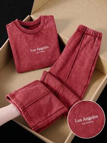 SHEIN 女童字母印花圓領短袖T恤與長褲休閒日常套裝 - 酒紅色 - 查看 6