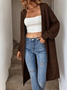 SHEIN Tall CURVE Plus Size Drop Shoulder Ribbed Knit Duster Cardigan,Long Sleeve Tops For Women Curve Tall In Fall/Winter - Coffee Brown - View 9
