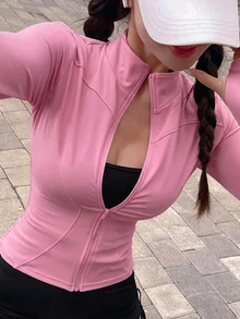 DAZY 女款純色彈性小立領修身長袖夾克，運動休閒，春秋款 - 粉色 - 查看 2
