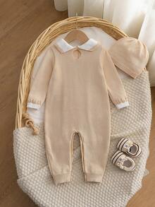 Baby Girl Contrast Color Collared Long Sleeve Casual Knit Romper - Beige - View 2