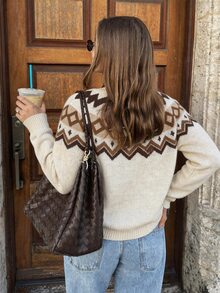 FavEase Women's Autumn/Winter Casual Cute Maple Leaf Fair Isle Pattern Crew Neck Knit Sweater - Multicolor - View 2