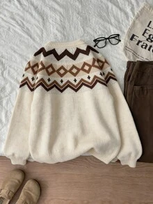FavEase Women's Autumn/Winter Casual Cute Maple Leaf Fair Isle Pattern Crew Neck Knit Sweater - Multicolor - View 6