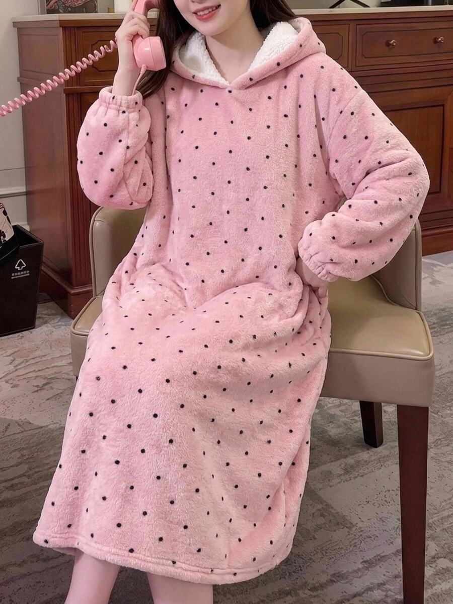 SHEIN Tween Girl 秋/冬款 灰粉色波點印花 珊瑚絨毛 舒適連帽套頭長款睡袍 居家休閒睡衣 - 藕粉色 - 查看 1
