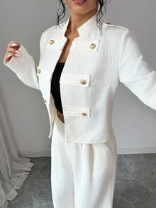 Rafferiza Women's Napoleon Style Coarse Wool Blend Luxury Metal Button Long Sleeve Jacket And Straight Leg Pants 2 Pieces Set, Cream White - Beige - View 4