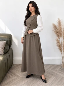 Solavon Plus Size Women's Colorblock Long Sleeve Top And Skirt Casual 2 Pieces Set - Coffee Brown - View 5