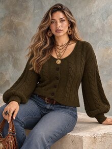 Ceyna Plus Size Vintage Cable Knit Button Long Sleeve Sweater - Green - View 5