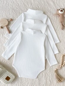 SHEIN Ribbstickade bodysuits med hög hals för babypojkar, enfärgade vita långärmade bodysuits med hög hals, 3 st/pack - Vitt - Visa 2