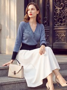 SHEIN PariChic Colorblock Heavy Embroidery Hand-Knitted Long Sleeve Sweater - Aqua Blue - View 6