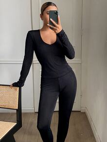 Livesso Women's Solid Color Long Sleeve Top And Pants Pajama Set - Black - View 6