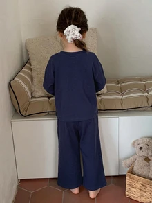 Hapijoa Young Girl Casual Straight-Leg T-Shirt Top + Straight-Leg Casual Pants 2 Pieces Set Loungewear Fall - Navy Blue - View 8