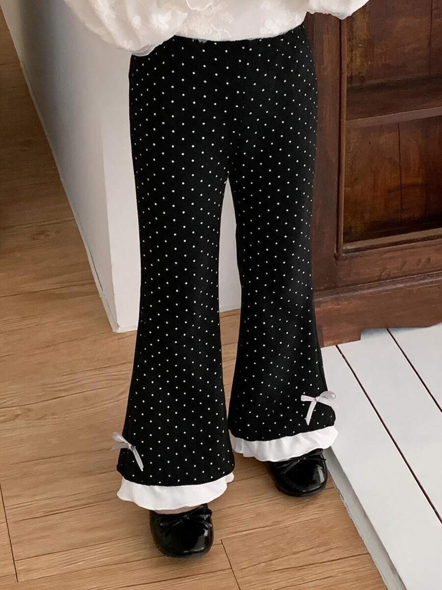 Dazy Kids Young Girl) Casual Polka Dot Patchwork Contrast Color Flared Pants, Autumn/Winter Long Pants - Black - View 1
