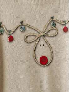SHEIN LUNE Plus Size Christmas Vintage Reindeer Light String Knitted Top, Cute, Everyday Retro High-End Loose Fit Slouchy Casual Festive Reindeer Design Sweater - Apricot - View 5
