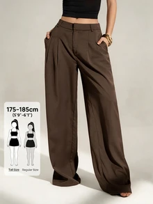 SHEIN Tall Old Money 風格女款高腰百褶寬腿長褲，黑色冬季端莊商務休閒辦公穿搭，優雅純色寬鬆修身工作褲，適合高個女性 - 可可 - 查看 8