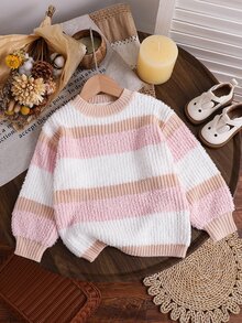 SHEIN Young Girl's And Young Girl Knit Colorful Striped Crew Neck Textured Sweater, Suitable For Casual Daily Wear - Multicolor - View 1
