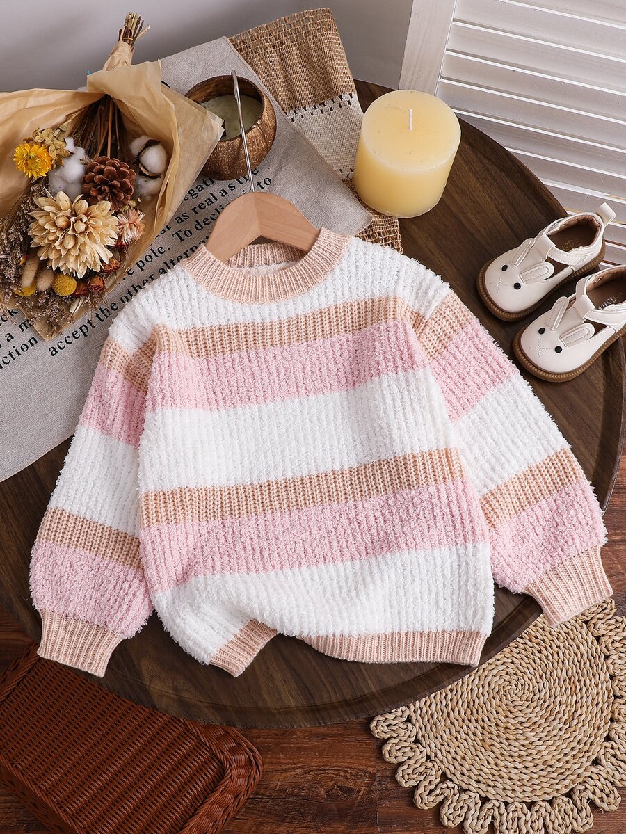 SHEIN Young Girl's And Young Girl Knit Colorful Striped Crew Neck Textured Sweater, Suitable For Casual Daily Wear - Multicolor - View 1